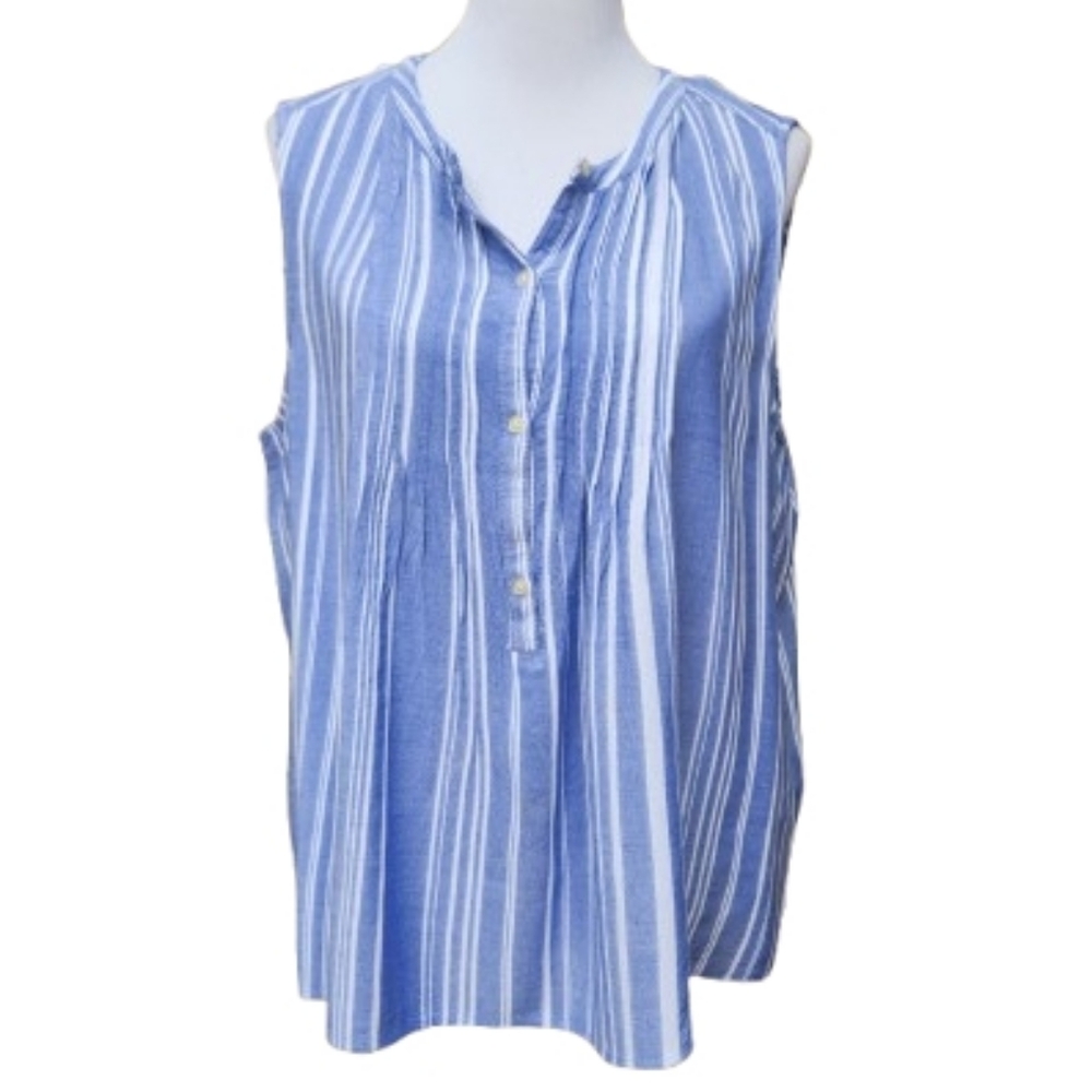 GAP Plus Blue Stripe Pintuck Blouse Sleeveless 680482 Half Button-Up